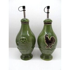 Cracker Barrel Elegant Rooster Green Oil And Vinegar  Dispensers